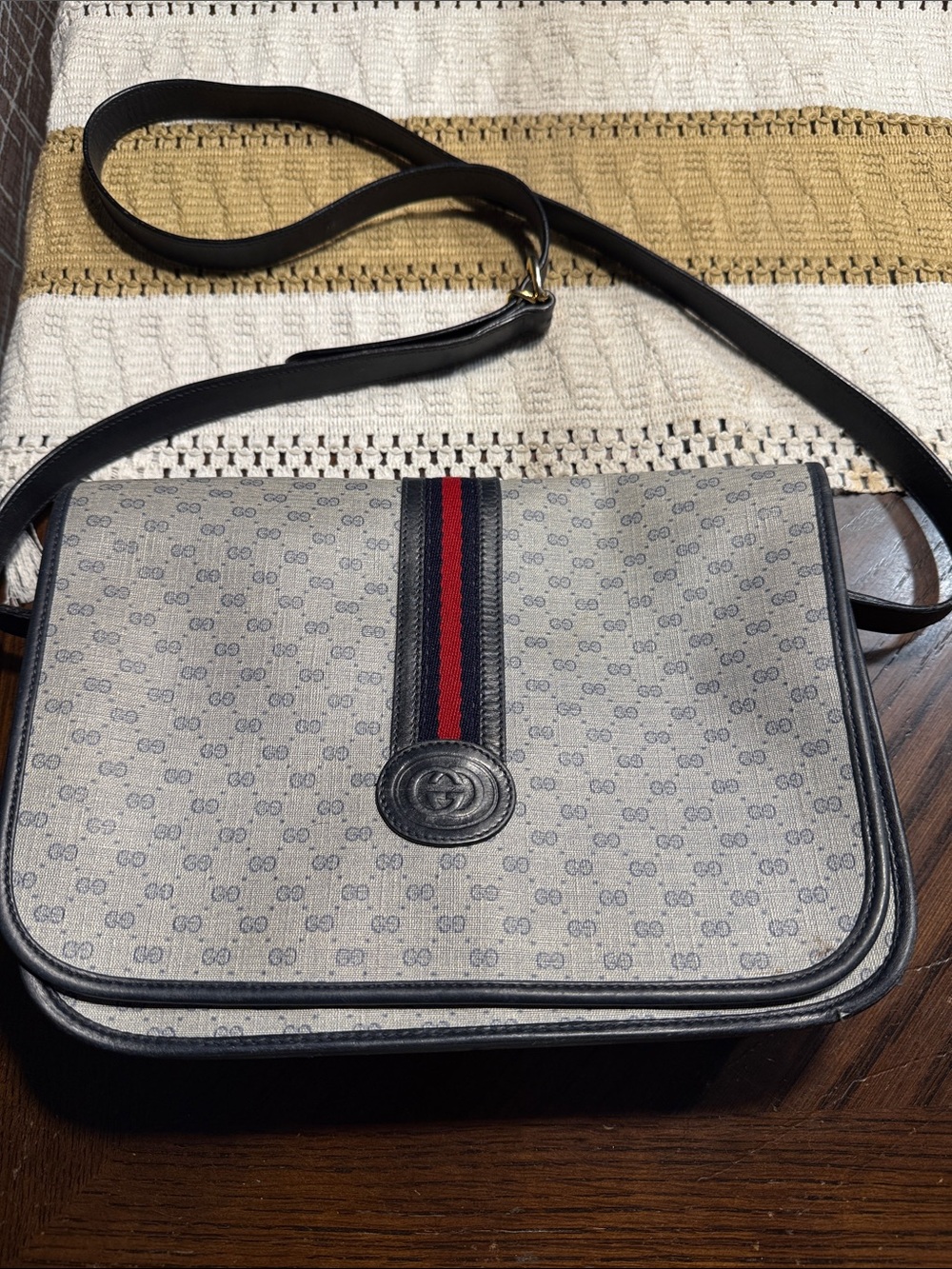 Vintage Gucci Beige GG Canvas Messenger Bag with Navy & Red Stripe